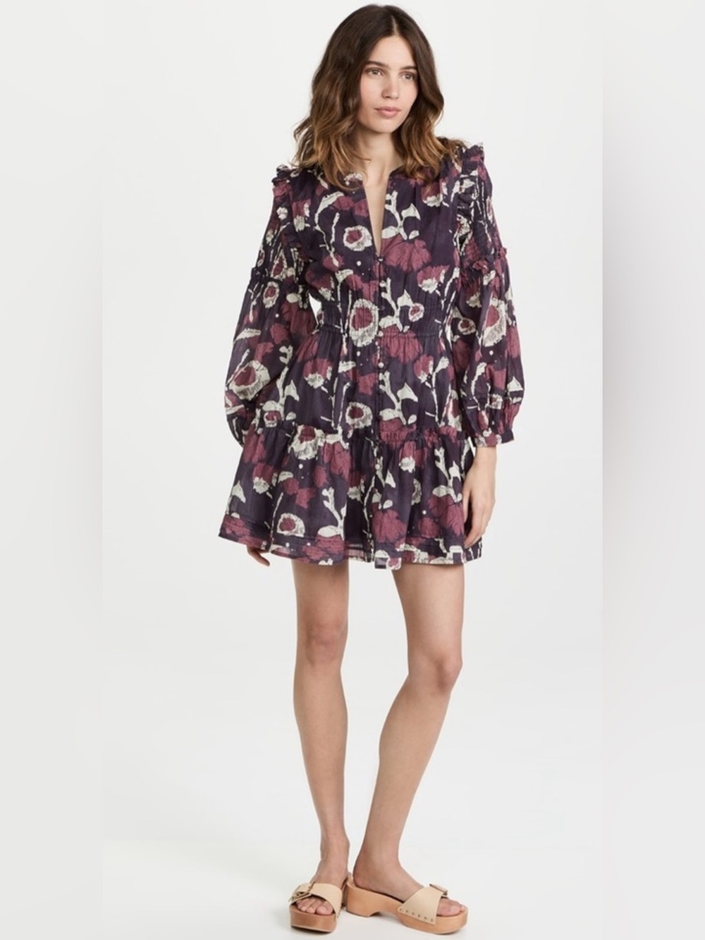 Cleobella Rainy Mini Dress Burgundy Purple & Cream Floral Dress - Medium
